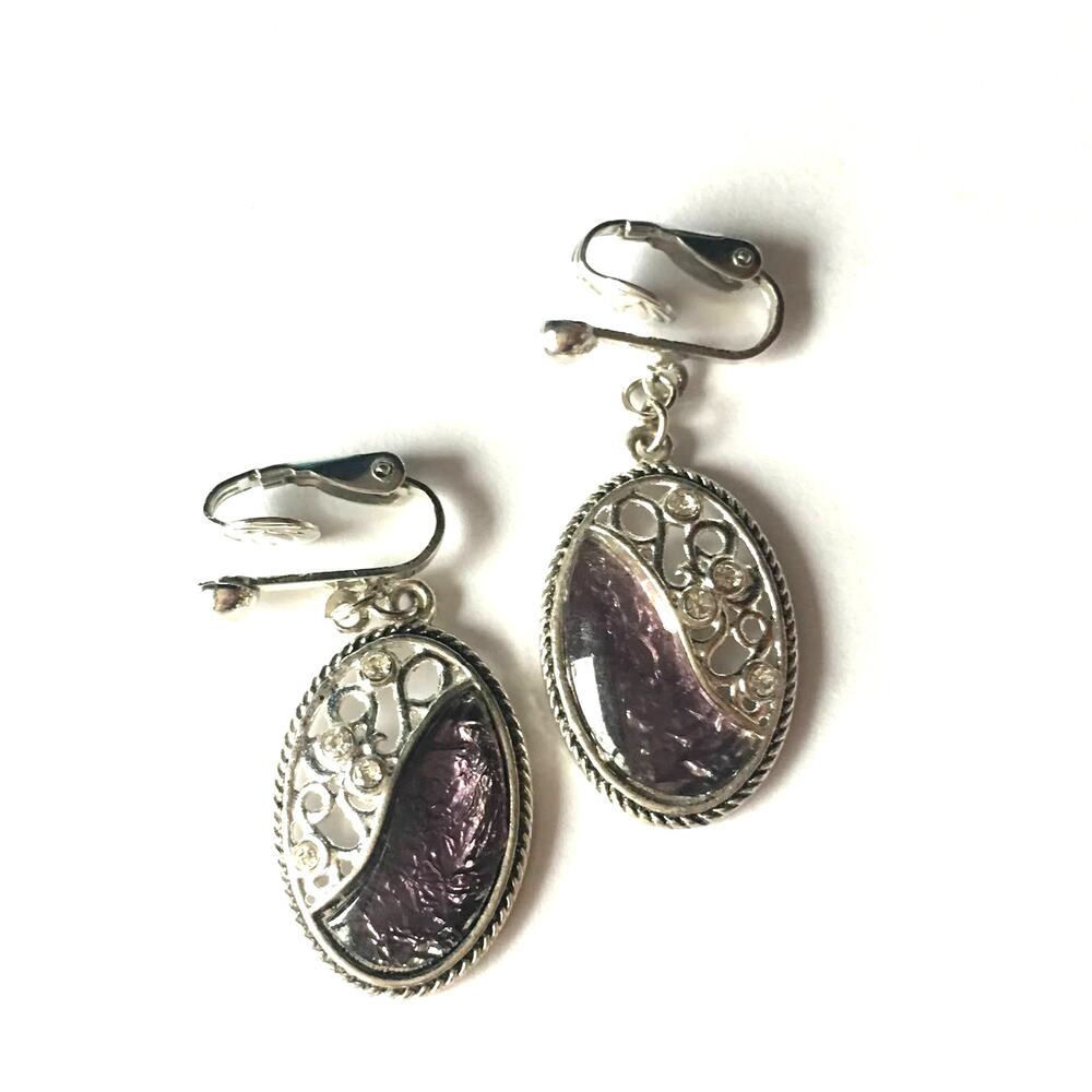 Silver tone purple/rhinestone accent clip on earrings